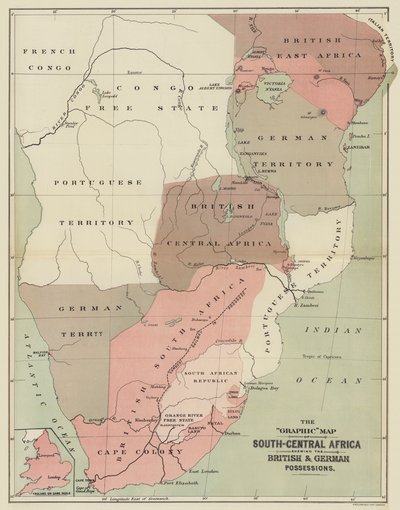 Det grafiske kort over Syd-Centralafrika, der viser de britiske og tyske besiddelser (farve litho) af English School
