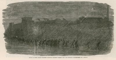 The Great Cab Strike: Scene på Great Western Railway Station - passagerer i en storm af English School
