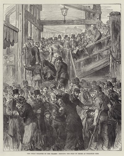 Den store katastrofe på Themsen, der bringer de døde på land ved Woolwich Pier (gravering) af English School