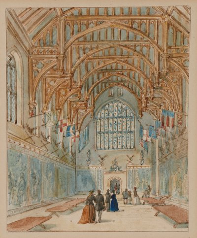 The Great Hall, Hampton Court Palace, ca. 1860-70 (akvarel på papir) af English School