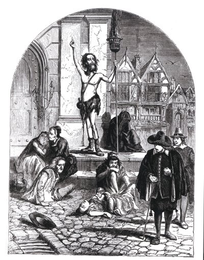Den store pest i 1665, entusiasten fordømte London (gravering) (bw foto) af English School