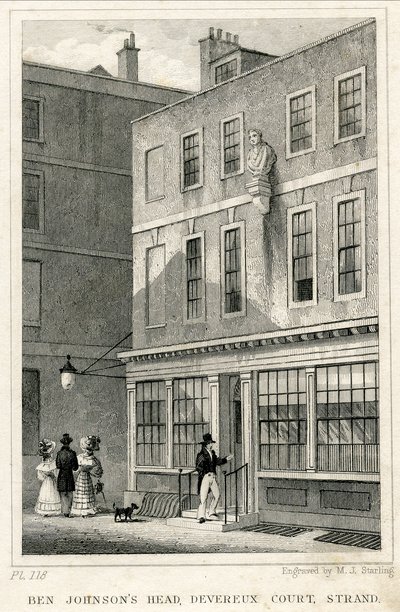 The Grecian Coffee House, Devereux Court, Strand, med en buste af Ben Johnson (gravering) af English School