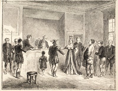 Hånden og saksen, en sag for retten i Pie-Poudre, fra en tegning dateret 1811 af English School