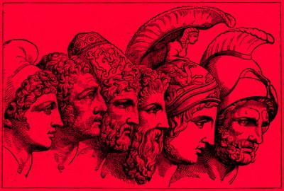 The Heroes of the Trojan War: Paris, Diomedes, Odysseus, Nestor, Achilles, Agamemnon, illustration fra The Illustrated History of the World, udgivet ca. 1880 (digitalt forbedret billede) af English School