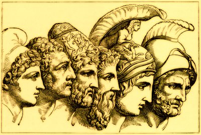 The Heroes of the Trojan War: Paris, Diomedes, Odysseus, Nestor, Achilles, Agamemnon, illustration fra The Illustrated History of the World, udgivet ca. 1880 (digitalt forbedret billede) af English School