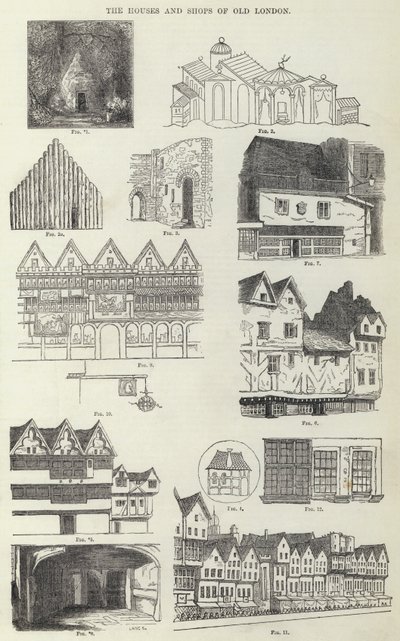 Husene og butikkerne i Old London (gravering) af English School