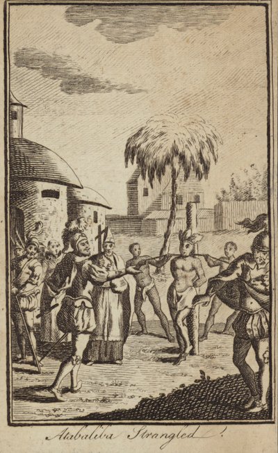 Inkakejseren Atahualpa kvalt efter ordre fra den spanske erobrer Francisco Pizarro, Peru af English School