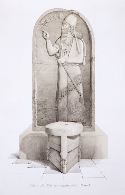 Kongen og offeralteret, Nimrud, plade 4 fra Nineveh and its Remains af Austen Henry Layard (1817-94) udgivet 1849 af English School
