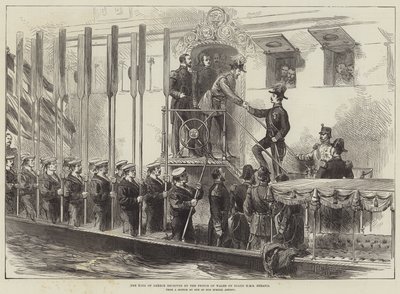 Kongen af Grækenland modtaget af prinsen af Wales om bord på HMS Serapis (gravering) af English School