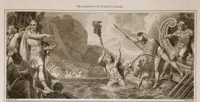The Landing of Julius Cæsar, illustration fra David Humes The History of England, pub. af R. Bowyer, London, 1812 af English School