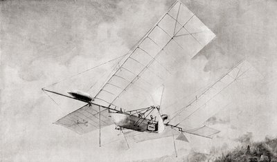 Langley Aerodromen lentokone lennossa 1800-luvulla. Vuonna 1897 julkaistusta The Strand Magazinesta. af English School