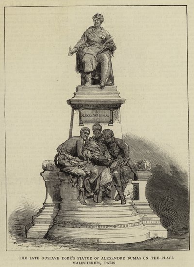 Den afdøde Gustave Dores statue af Alexandre Dumas på Place Malesherbes, Paris (gravering) af English School