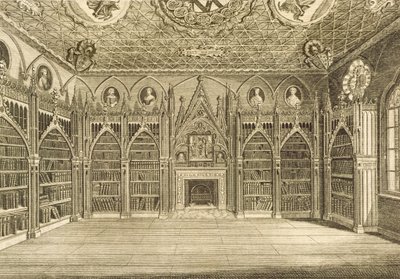 Biblioteket, indgraveret af Godfrey, fra Beskrivelse af Strawberry Hill af Horace Walpole, 1784 af English School
