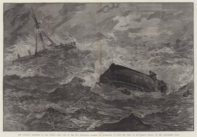 Redningsbådkatastroferne i sidste uges kuling, en af de to redningsbåde kæntrede i et forsøg på at redde besætningen på Barque Mexico på Lancashire Coast (gravering) af English School