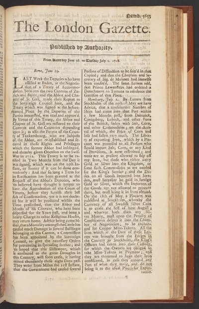 The London Gazette, nummer 5655, side 1, 28. juni 1718 (tryk) af English School