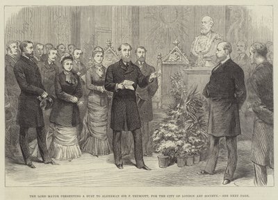 Overborgmesteren præsenterer en buste til rådmand Sir F Truscott, for City of London Art Society (gravering) af English School