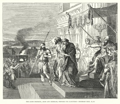 De løgnagtige profeter, Akab og Zedekias, beordret til henrettelse, Jeremias XXIX, 21, 22 (gravering) af English School