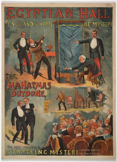 "The Mahatmas Outdone", præsenteret i Egyptian Hall af Maskelyne og Cooke i 1891 (farve litho) af English School