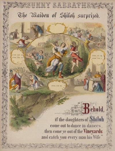 Jomfruen fra Shiloh overrasket (farvet gravering) af English School