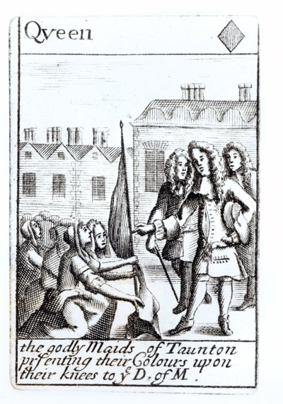 Maids of Taunton knælende foran hertugen af Monmouth, 18. juni 1685, Queen of Diamonds spillekort fra et sæt til minde om Monmouths Rebellion af English School