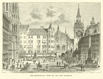 Marienplatz med gamle og nye Rathaus af English School