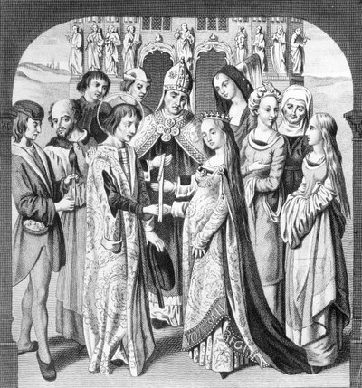 Ægteskabet mellem Henrik VI og Margaret af Anjou, indgraveret af Freeman af English School