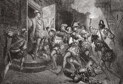 The Massacre of St. Bartholomew: angreb på Colignys logi, illustration fra The History of Protestantism af James Aitken Wylie (1808-1890), pub. 1878 af English School