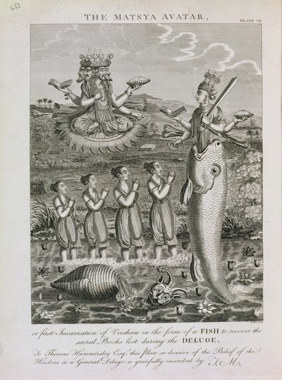 Matsya-avataren eller den første inkarnation af Vishnu i form af en fisk for at genvinde de hellige bøger, der er gået tabt under syndfloden, indgraveret af Barlow af English School