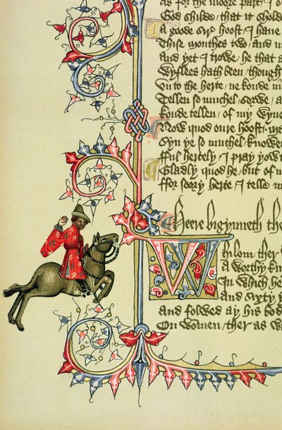 The Merchant, faksimiledetalje fra The Canterbury Tales, af Geoffrey Chaucer (ca. 1342-1400) af English School