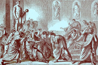 Mordet på Julius Cæsar, illustration fra The Illustrated History of the World, udgivet ca. 1880 (digitalt forbedret billede) af English School
