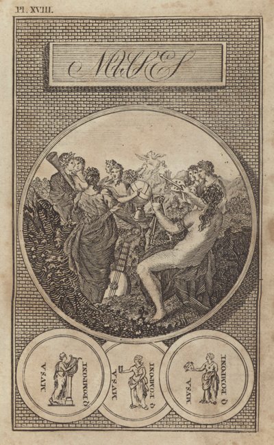 Muserne, antikke græske og romerske gudinder for litteratur, videnskab og kunst (gravering) af English School