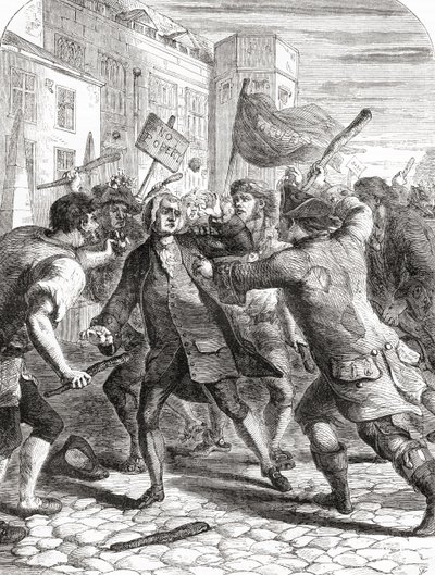 "No-Popery"-uromagerne angreb medlemmer af parlamentet i Palace Yard, Westminster, London, England under Gordon-optøjerne i 1780. af English School