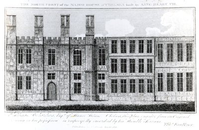 Nordfronten af herregården i Chelsea bygget af kong Henry VIII, indgraveret af J. Barlow, en illustration i A Historical and Topographical Account of Chelsea and its Environs af Thomas Faulkner, af English School