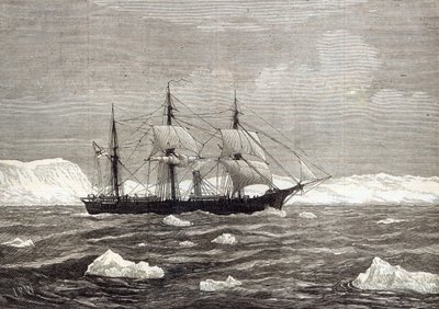 Ekspeditionen til Nordpolen: The Alert hejser flagene til ære for at have nået den højeste breddegrad af alle skibe nogensinde, fra "The Illustrated London News", 1876 af English School