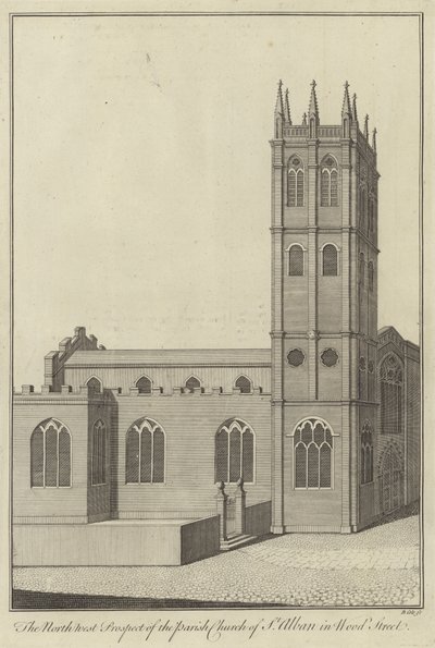 North West Prospect af Parish Church of St Alban i Wood Street, London af English School
