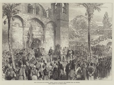 Besættelsen af Cypern, græske præster velsigner det britiske flag ved Nicosia (gravering) af English School