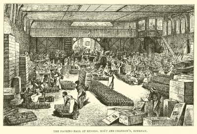 Pakkehallen ved Mrs Moet og Chandon, Epernay (gravering) af English School