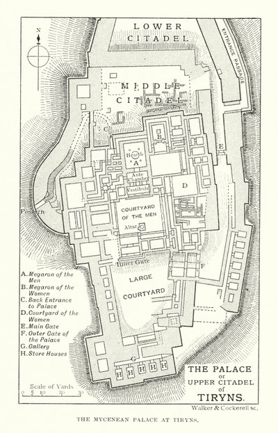 Paladset eller det øvre citadel i Tiryns (litografi) af English School