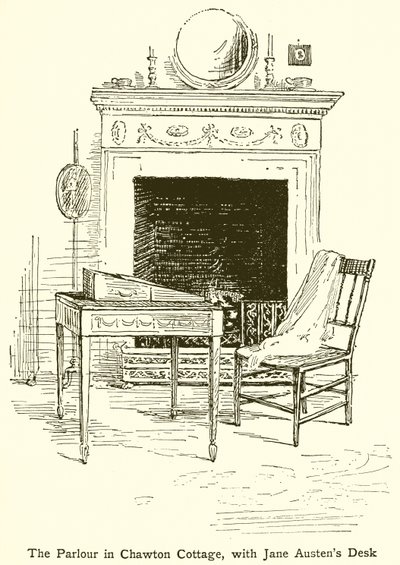 The Parlor in Chawton Cottage, med Jane Austens Desk af English School