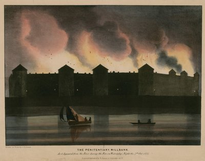 Penitentiary, Millbank, London, som det så ud fra floden under branden natten til den 7. oktober 1835 af English School