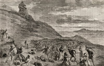 Forfølgelsen og massakren af de kristne på øen Madagaskar i 1849, ca. 1865 (træstik) af English School