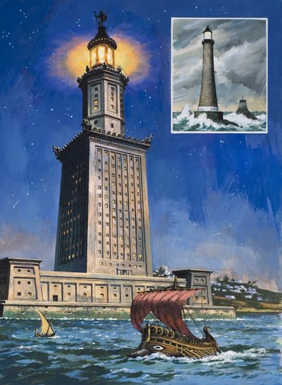 Pharos i Alexandria (gouache på papir) af English School