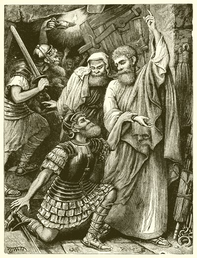 Den filippiske fangevogter foran Paulus og Silas af English School