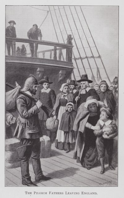 Pilgrimsfædrene forlader England (litho) af English School