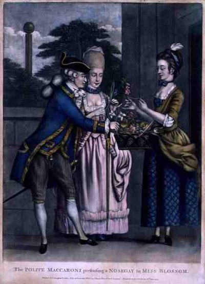 Der höfliche Makkaroni überreicht Miss Blossom einen Blumenstrauß, veröffentlicht von Carington Bowles von English School