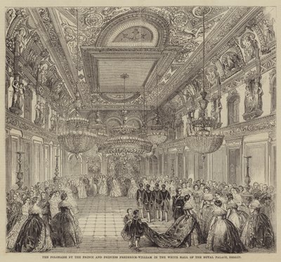 Polonaisen af prinsen og prinsesse Frederick-William i den hvide hal i det kongelige palads, Berlin (gravering) af English School