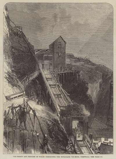 Prinsen og Prinsessen af Wales nedstiger Botallack Tin-mine, Cornwall (gravering) af English School