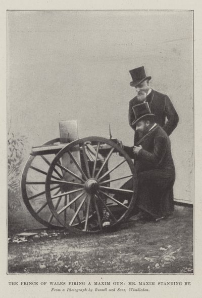 Prinsen af Wales affyrer en Maxim Gun, Mr Maxim står ved siden af (gravering) af English School