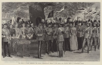 Prinsen af Wales overrækker jubilæumsmedaljerne til de indiske og koloniale tropper i Buckingham Palace (litho) af English School