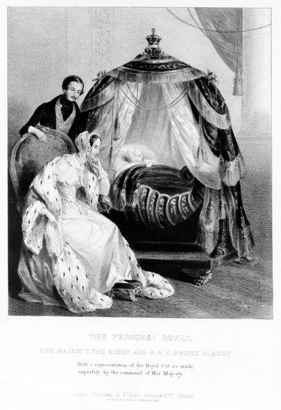 Det Kongelige Prinsesse, Hendes Majestæt Dronningen og HKH Prins Albert, med den kongelige tremmeseng, ca. 1840 af English School